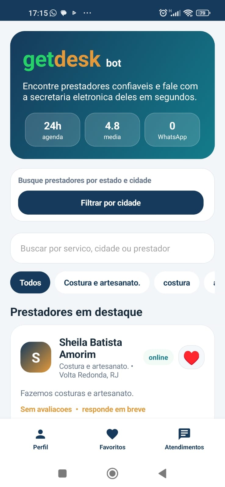 Tela inicial do app GetDeskBot mostrando busca de profissionais, favoritos e atendimentos